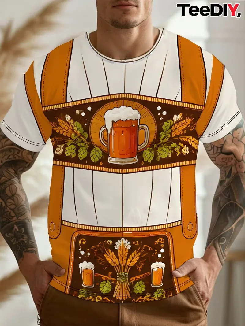 Men Oktoberfest T‑Shirt German Lederhosen Costume Print Beer Mug Hop Wheat Graphic Short Sleeve Casual Party Festival Tee Tops