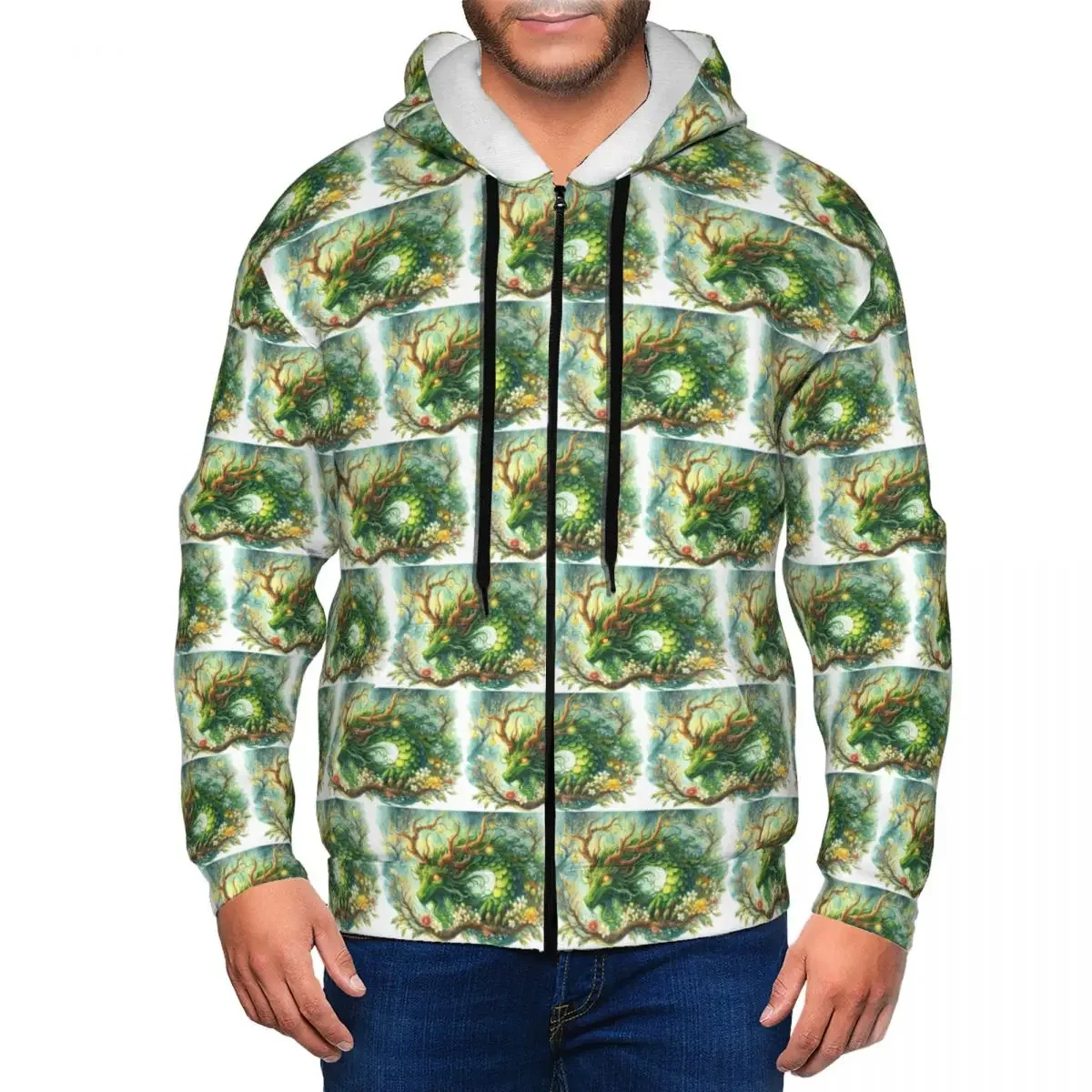 Green Dragon, Guardian Of The Forest Zipper Hoodie Hip Hop Pullover Autumn Winter Men's Women's Sweatshirts Long Sleeve Tops