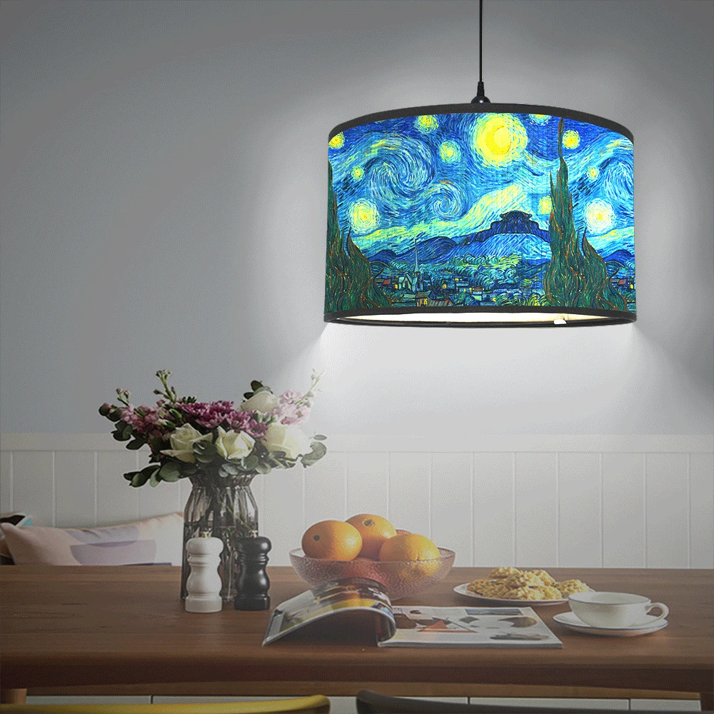 

Vintage Sunflower Lamp Shade Handmade Van Gogh Painted Art Light Cover Portable Detachable Lampshade for Table Lamp Home Decor