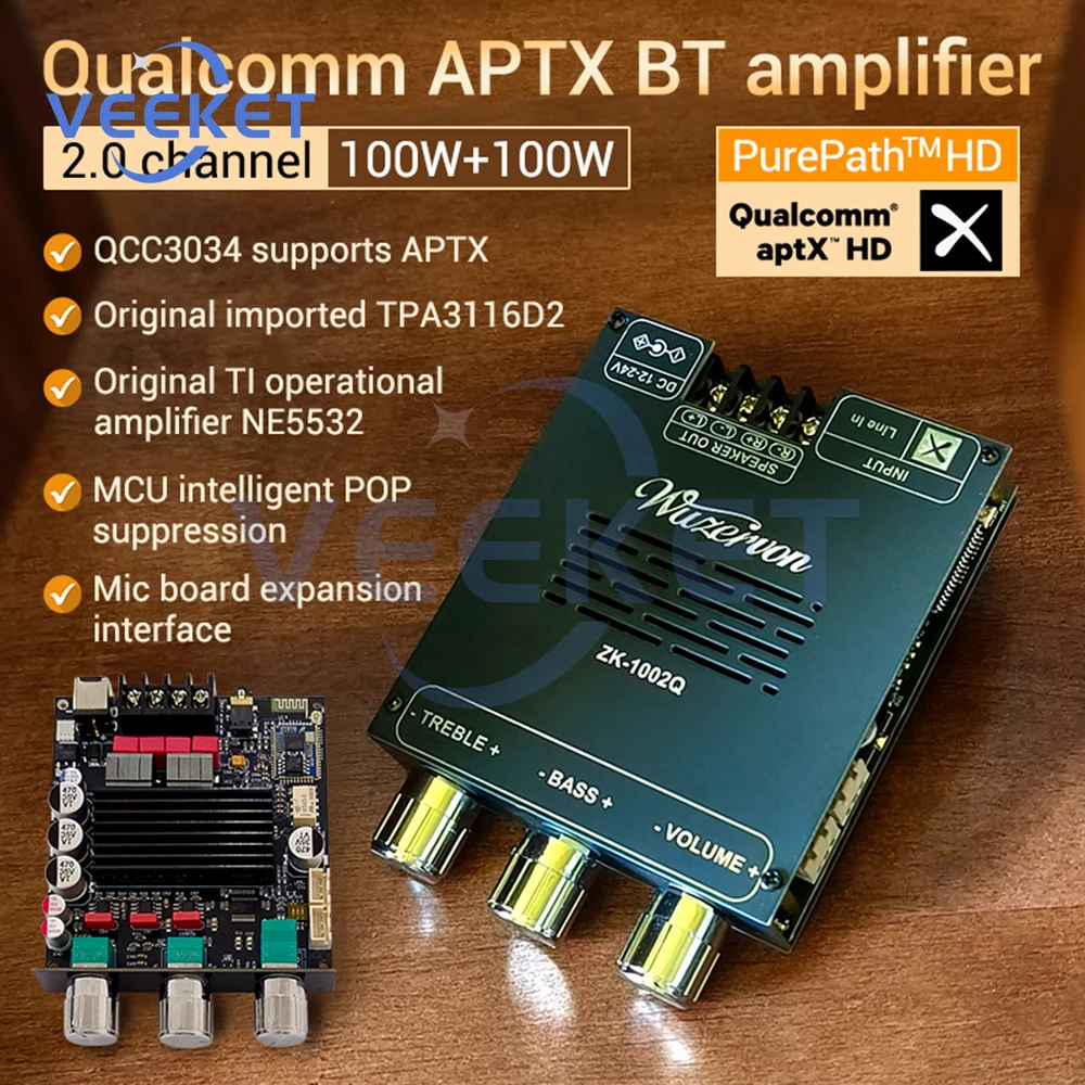 ZK-1002Q 100Wx2 채널 디지털 앰프 보드 블루투스 2.0 QCC3034+TPA3116 APTX 무손실 오디오 앰프 모듈 전자 키트용