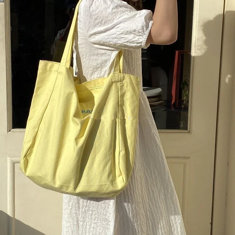 Women Canvas High-capacity Tote Bag Shoulder Shopping Traveling Students Books Fashion Multifunction Casual Portable Blue Yellow