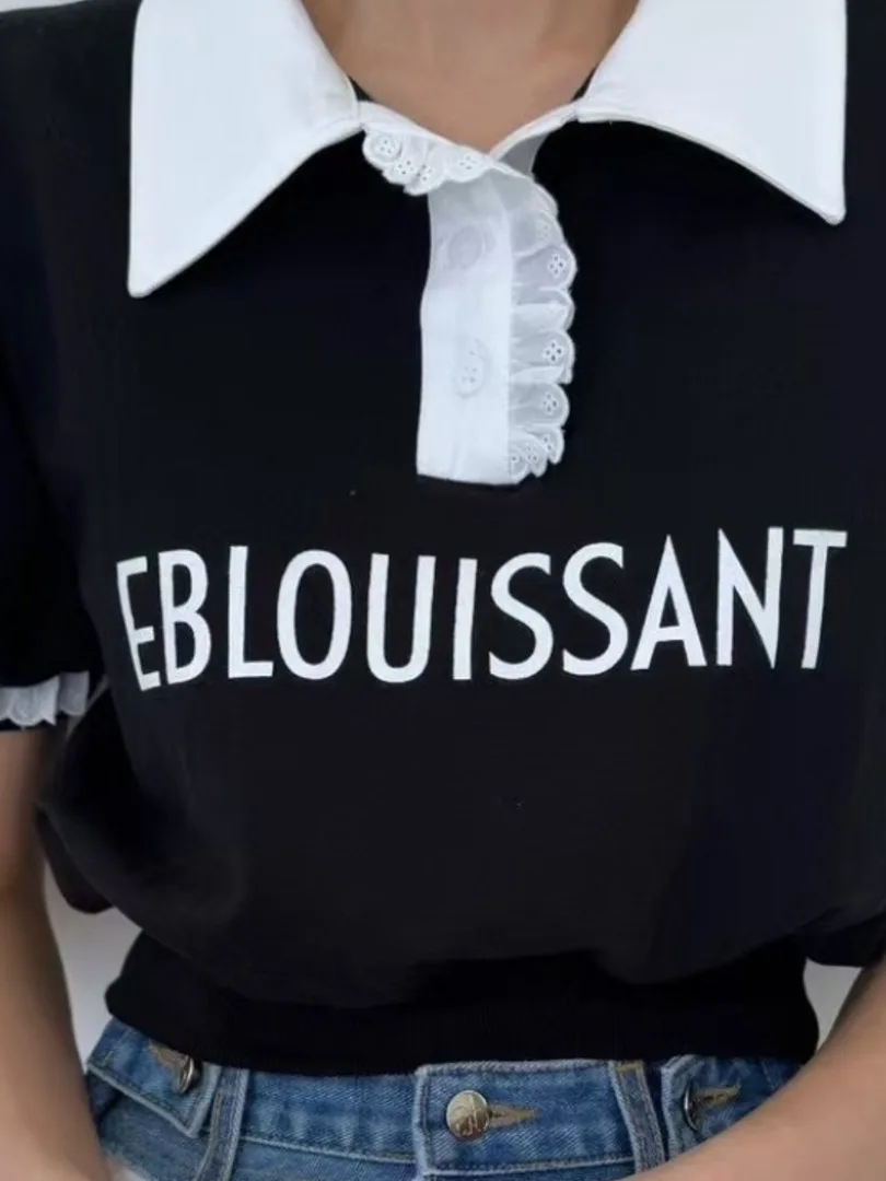 เสื้อสเวตเตอร์พิมพ์ลายตัวอักษร Color Blo สำหรับผู้หญิง รุ่นใหม่ล่าสุดสำหรับฤดูร้อน ดีไซน์ลูกไม้ระบาย แขนพอง คุณภาพเยี่ยม ผลิตจากผ้าถัก