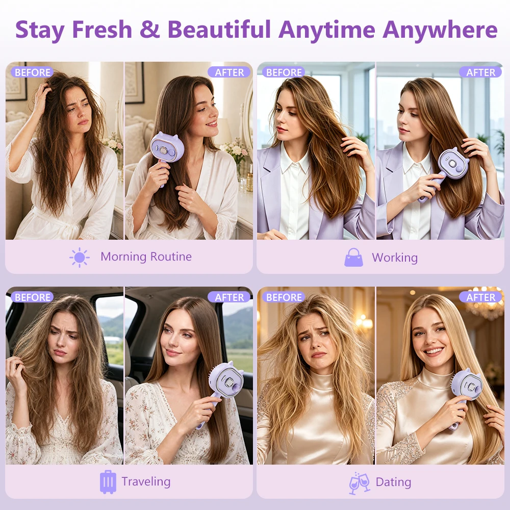 Electric Spray Massage Comb with Steam Water Mist Wet Dry Hair Brush,Detangling Smooth Anti-Static,for Frizzy Hair Scalp Care view 5