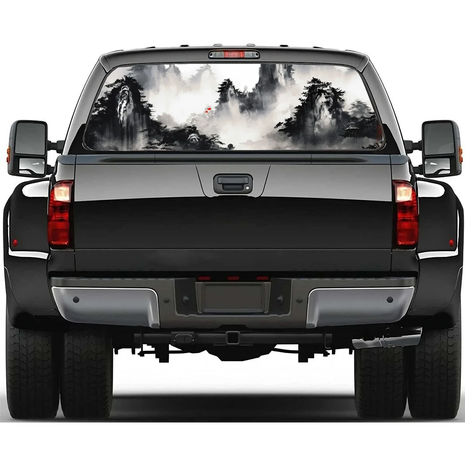 

Китайский пейзаж, наклейка на заднее окно, подходит для пикапа, грузовика, автомобиля, универсальная прозрачная перфорированная виниловая наклейка на заднее окно