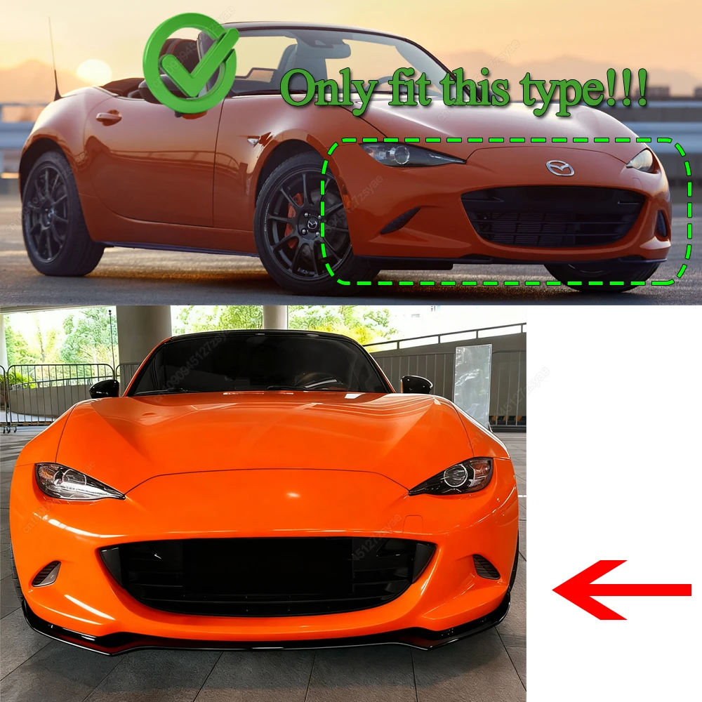 3Pcs Car Front Bumper Lip Spoiler Splitter Diffuser For Mazda MX-5 MX5 Miata ND 2016-2025 2-Door Bodykit Tuning Gloss Blcak