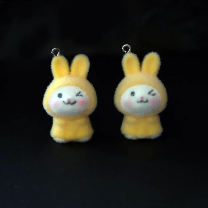 30Pcs 3D Kawaii Flocked Rabbit Charms Cartoon Animal Resin Pendant Earrings Keychains Accessories for DIY Crafts Jewelry Make