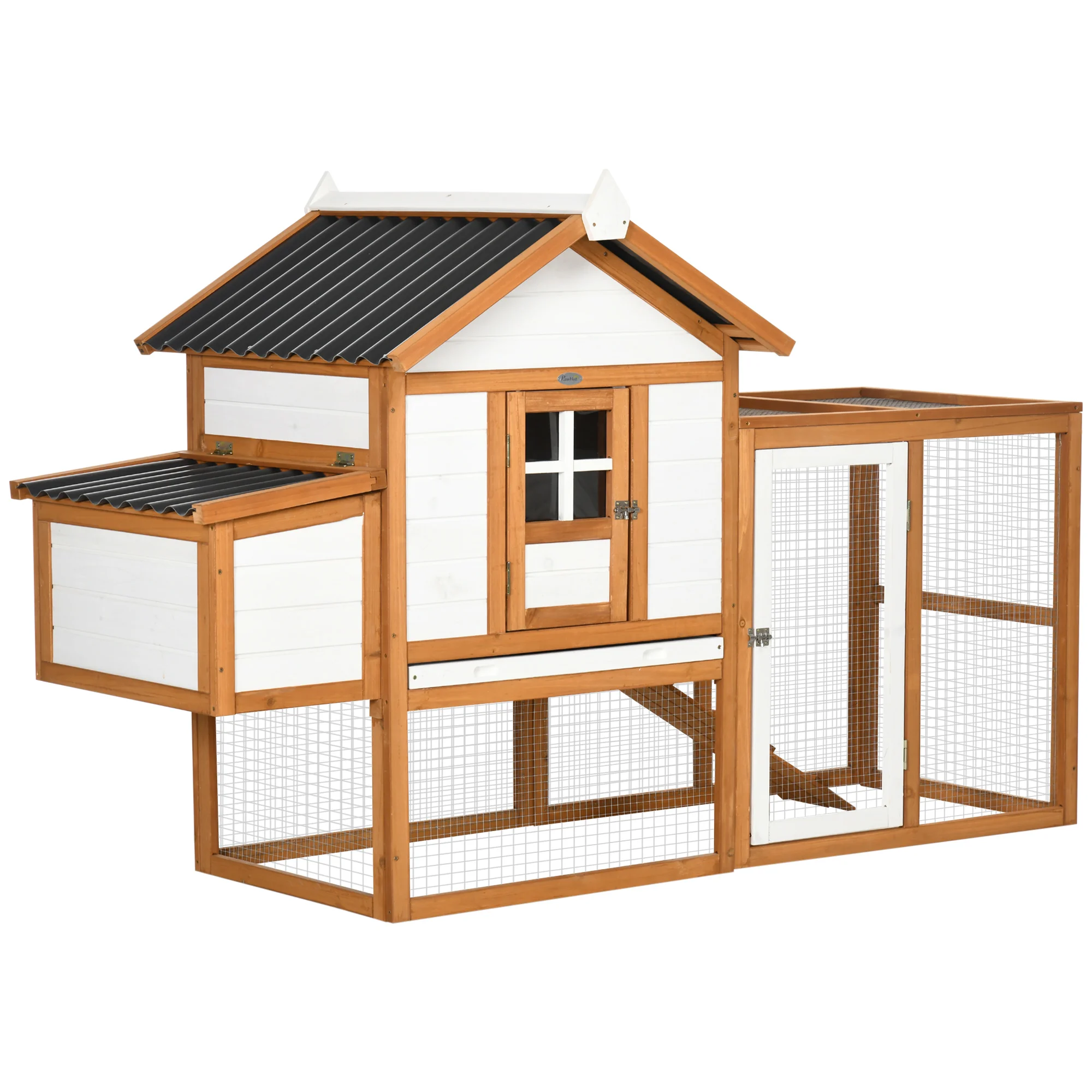 PawHut outdoor wooden chicken coop 181x79,5x117,5 cm cage for 2-4 hens with roof waterproof Metal Corral 2 nest hangers removable tray and Natural ramp