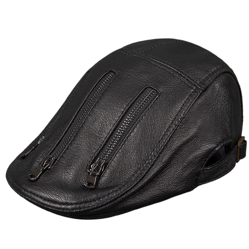 middle-aged leather hats, sheepskin berets, trendy fashion thin forward hats, Korean version of locomotive caps
