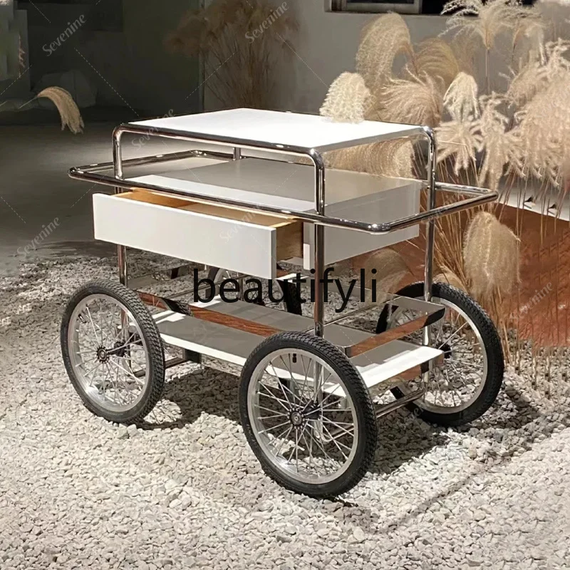 Stainless steel mobile dining cart, household cart, rack, minimalist metal mobile edge