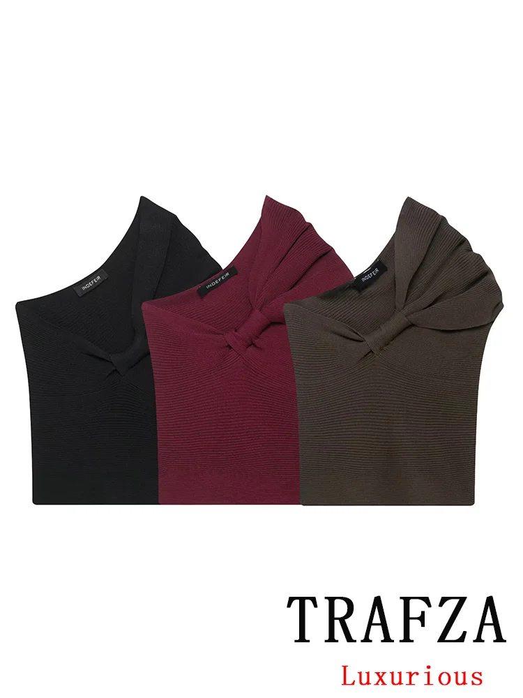 

TRAFZA Vintage Casual Chic Women Tops Solid Asymmetrical Skew Collar Front Knot Knitted Top New Fashion 2025 Summer Female Tops