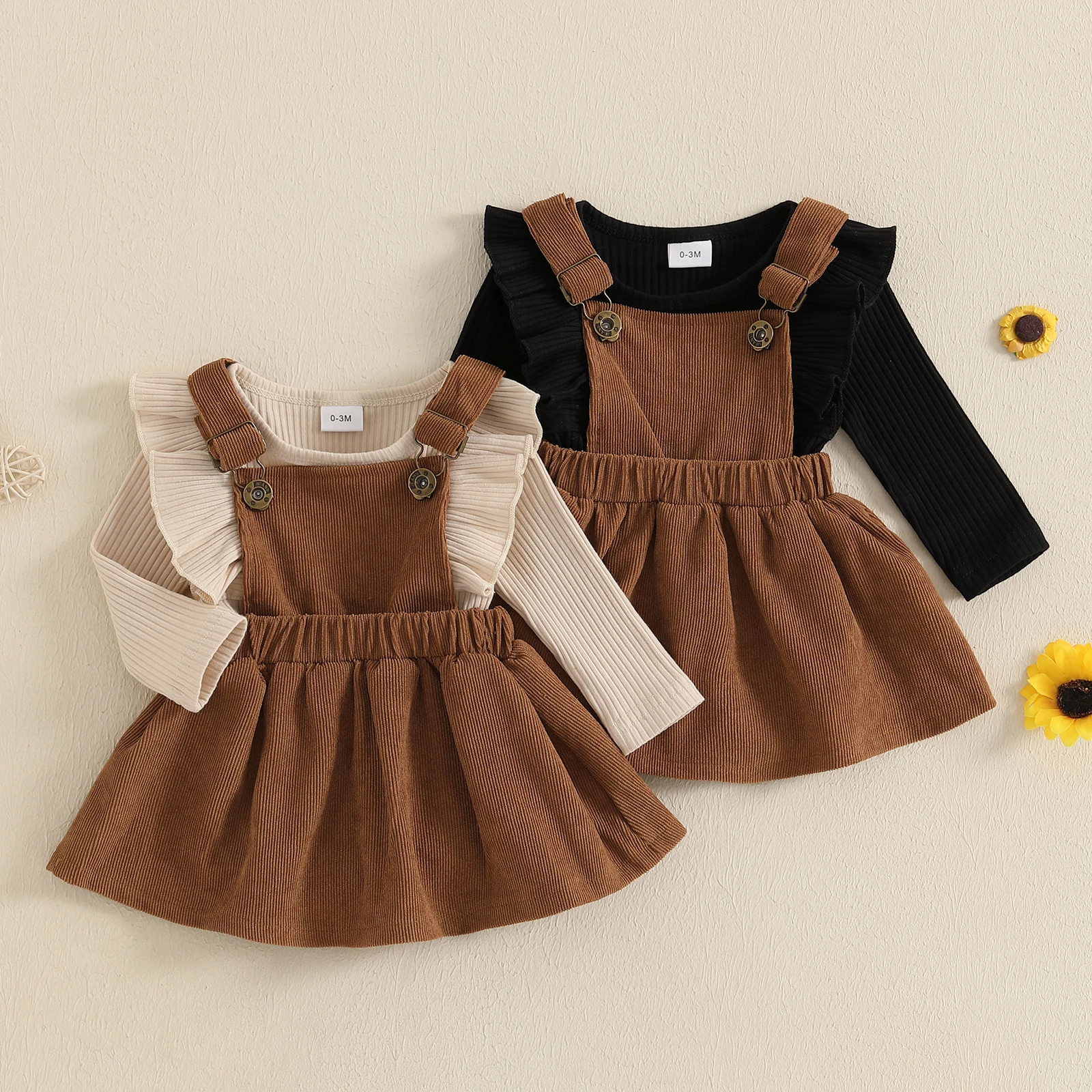 

Baby Girl Fall Winter Outfit Solid Ruffled Long Sleeve Crew Neck Knitted Romper with Corduroy Suspender Skirt 2 Pcs Baby's Sets