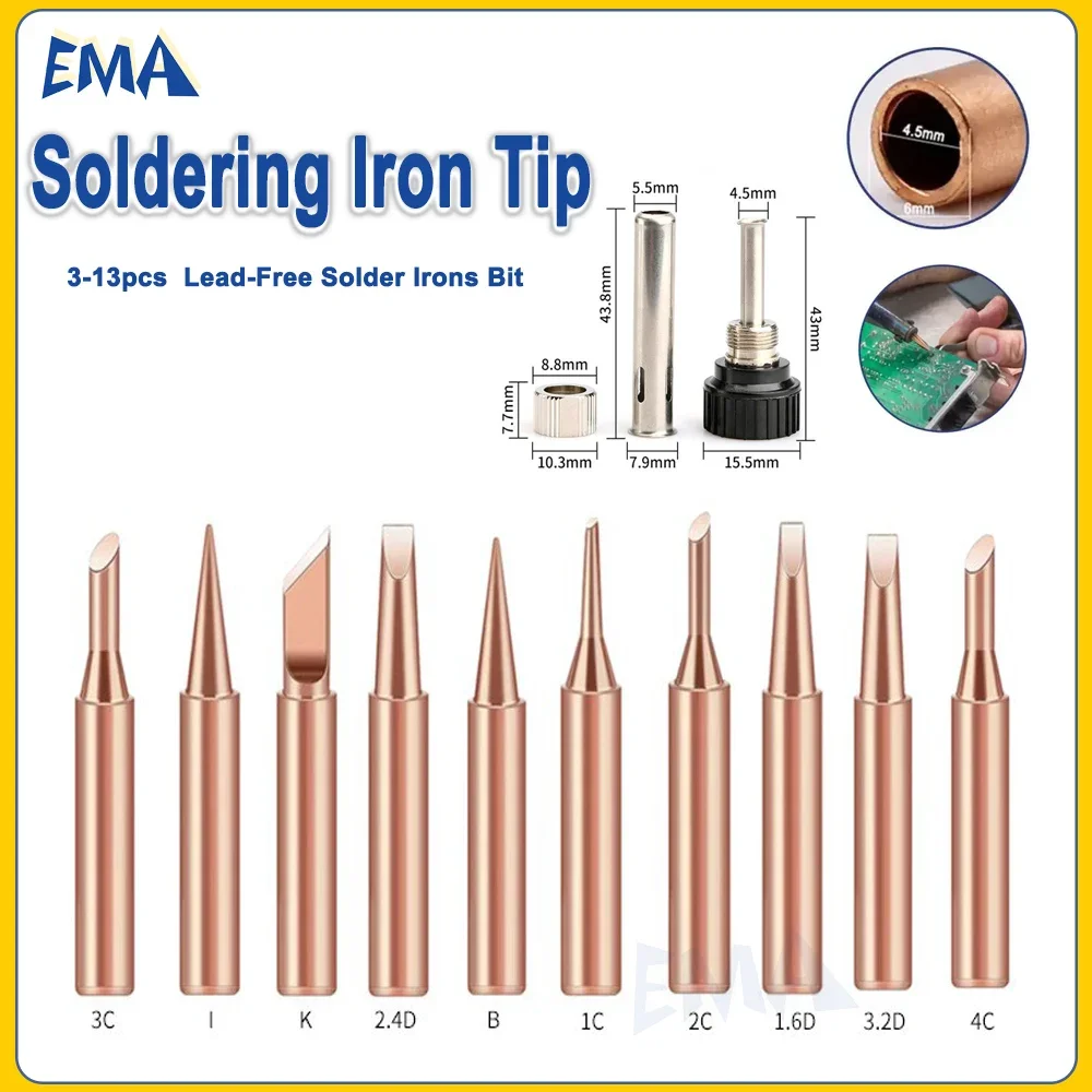 3/13pcs Soldering Iron Tip Pure Copper 900M Soldering Iron Head Set Inside Hot Bare Copper Electric Soldering Iron Welding Tools