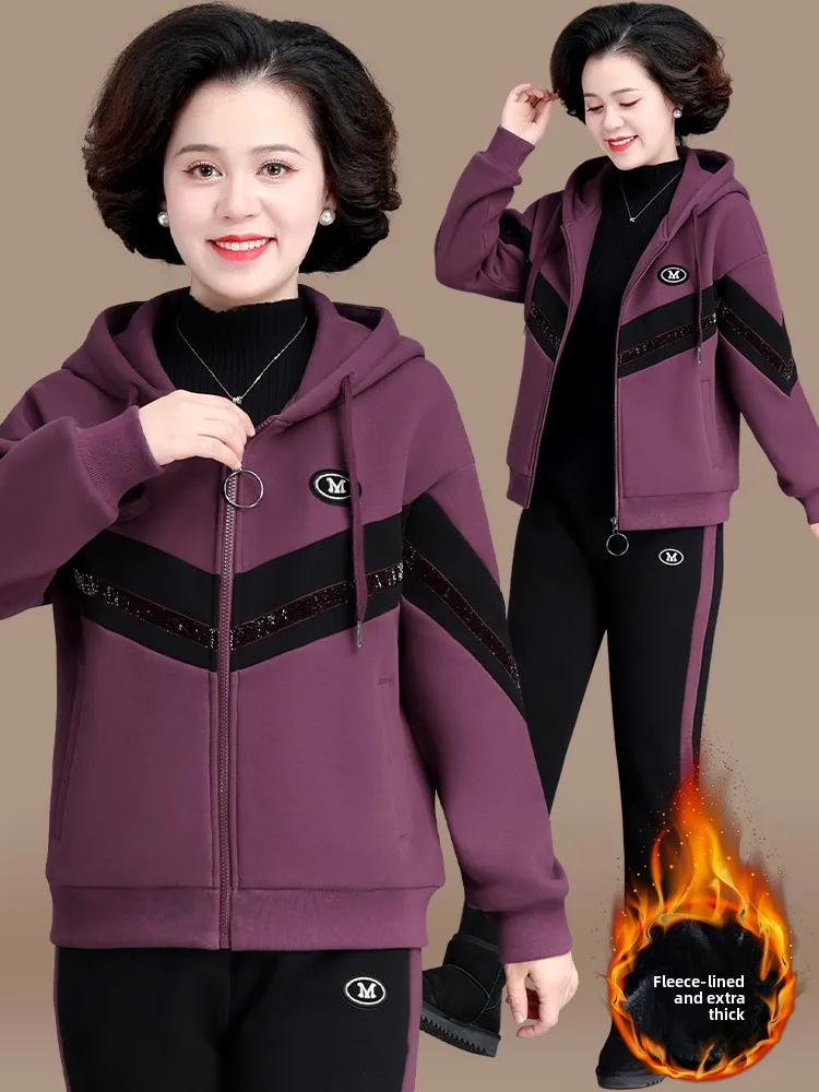 

Thiened Fce Autumn Winter Outwear Two-Piece Set for Middle-Aged Women Faionable Sportswear Ensemble with Hood