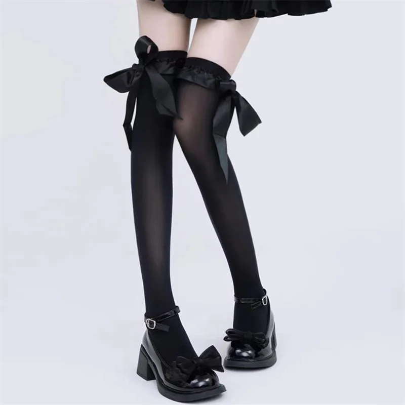 New Fashion Womens Lolita Thigh High Socks Stain Big Bow Long Socks Ruffled Sweet Sheer Thin Over Knee Socks Hot Sale