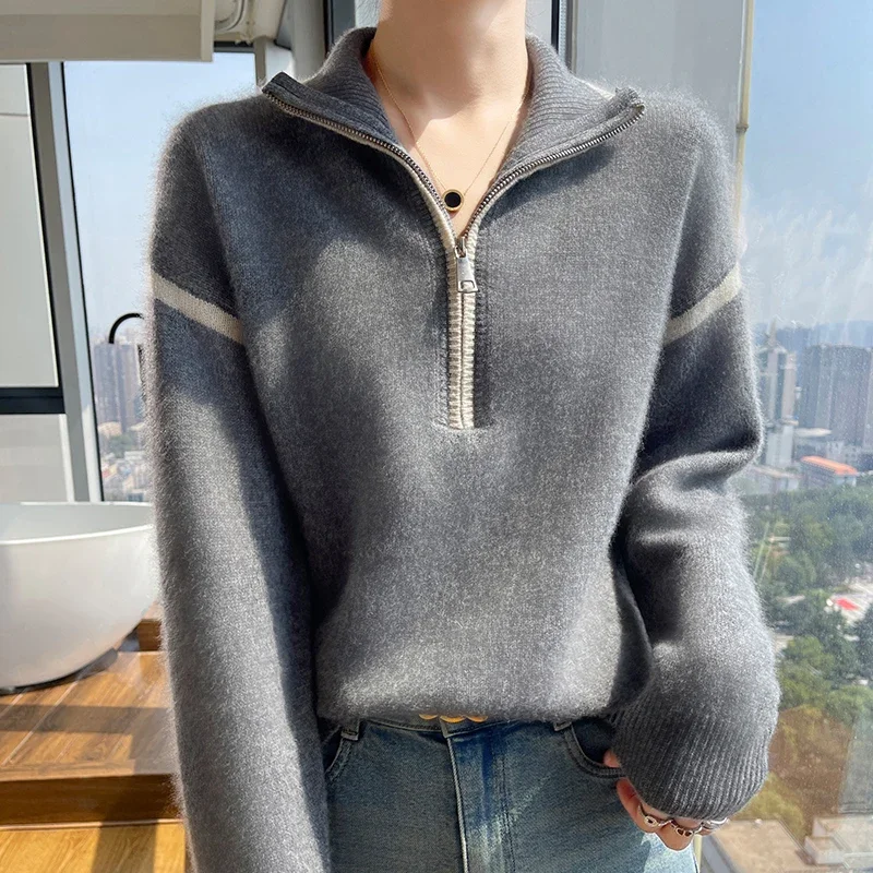 100% pure sweater women's new half-open high-necked zipper color matching knit lazy long-sleeved sweater loose wool bottoming sh