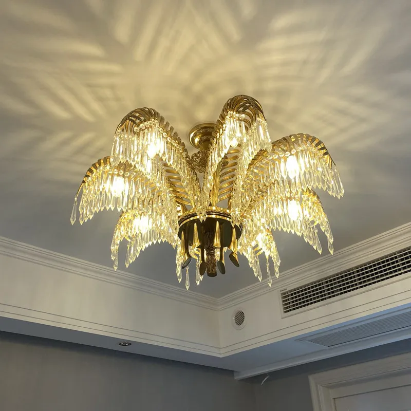 Luxury Palm Leaf Crystal Chandelier for Living Dining Room Villa Kitchen Table French Brass Pendant Light Copper Hanging Lamp