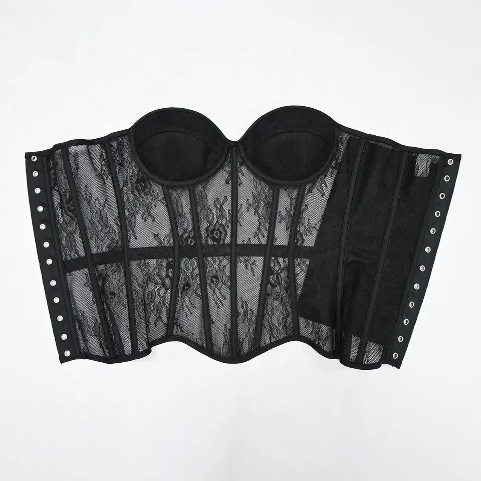 

Big Padding Satin Cup Steel Bones Korset Woman Hollow Out Strapless Lace Bra Bustier Top Mesh Women Lingerie Black White Corsets