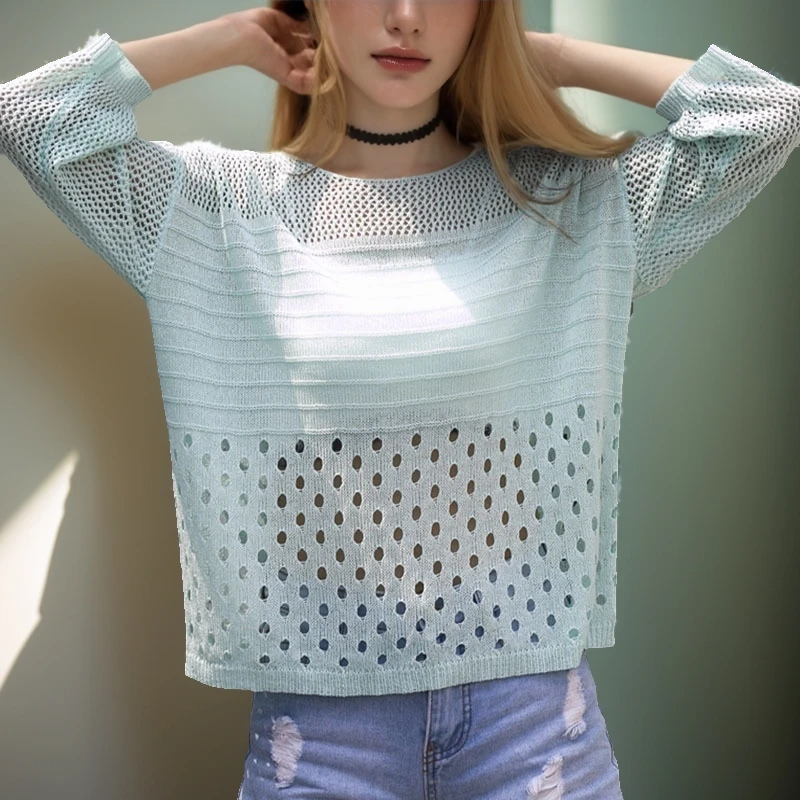 Spring and Summer New Ice Silk Hollow Out Knitted Top Thin Bottoming Sling Streetwear Womens Clothing White Shirt Elegant Blouse