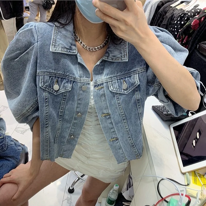

YYAHAHAS Korea Fashion Women Blue Denim T-Shirt Tops Casual Loose Female Vintage Puff Sleeve Lantern Sleeve Buttons2025 Summer