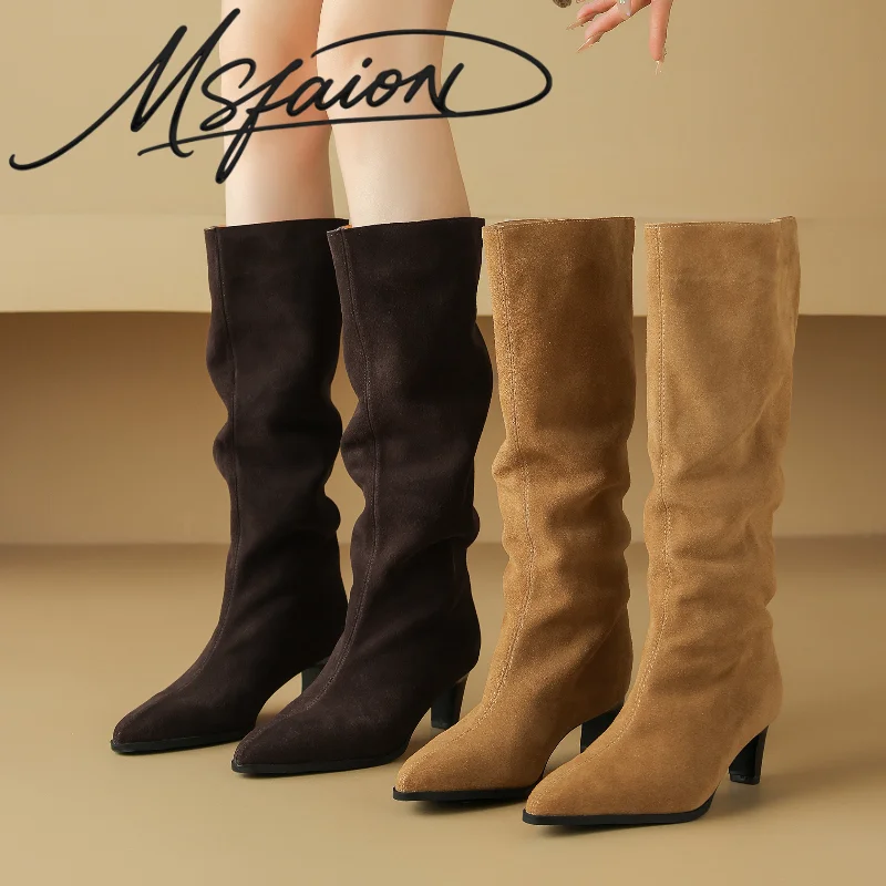 Botas Altas de Gamuza Genuina para Mujer, Tallas Grandes 34-43, Punta Puntiaguda, Tacón Kitten, Botas Altas Elásticas de Licra G750