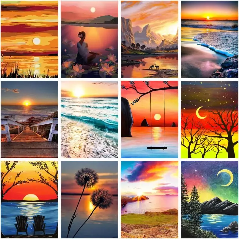 

CHENISTORY Painting By Numbers On Canvas With Frame Diy Kit For Adults Setting Sun Scenery Drawing Acrylic Paint Coloring By Num