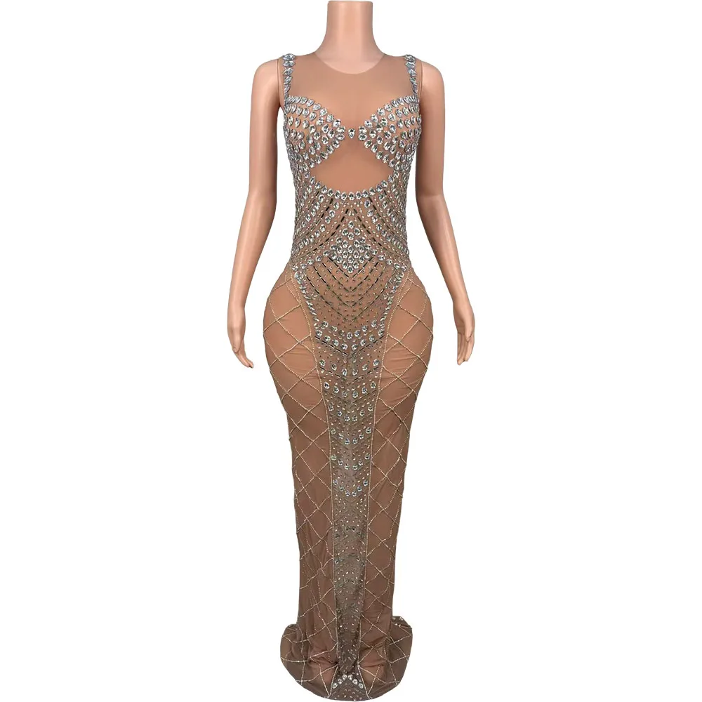 

Luxury Sparkly Silver Crystals Sheer Mesh High Slit Maxi Dress Birthday Celebrate Party Women Formal Evening Gowns Stage Wear