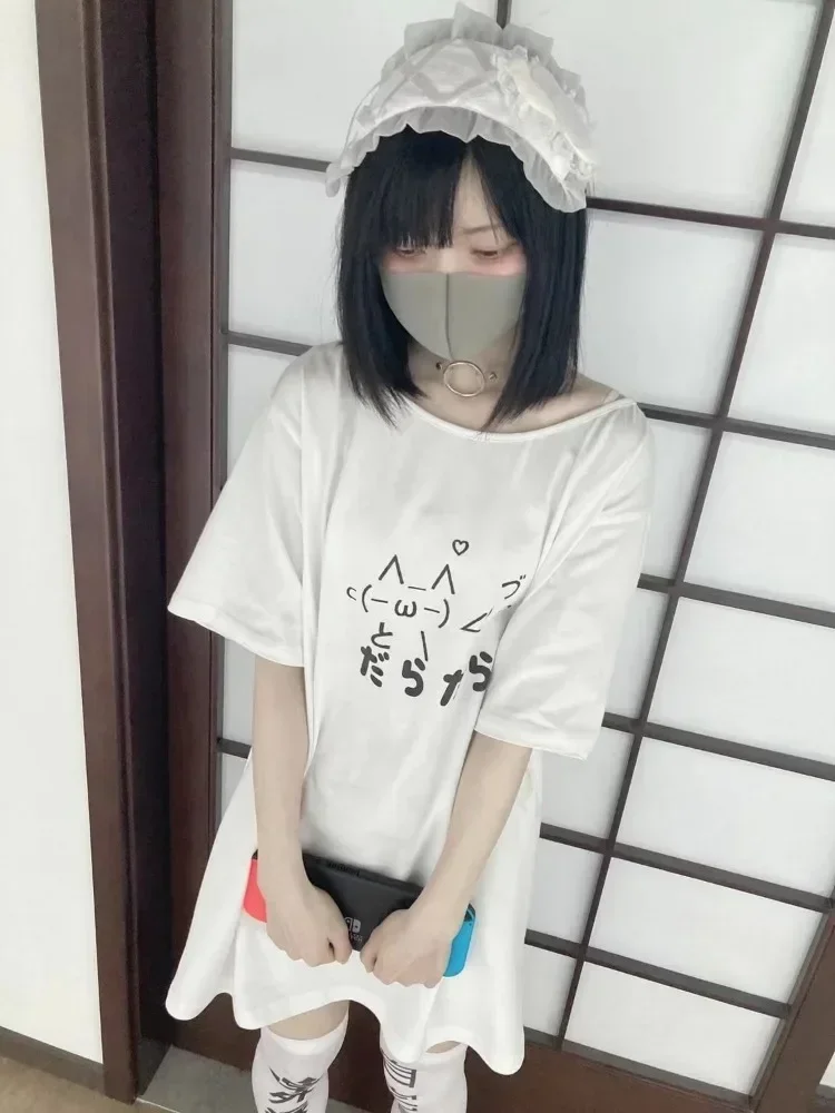 Harajuku Lazy Cute Print Hite Tops Mujer Camiseta holgada de longitud media con cuello redondo para Mujer 2025, novedad de verano, camiseta que combina con todo