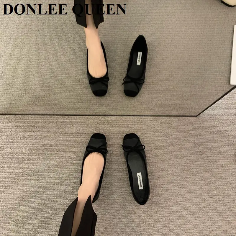 New Elegant Ballet Shoes Women Classic Square Toe Bow Tie Ballerinas Flats Ladies Loafers Comfortable Flat Shoes Female Moccasin