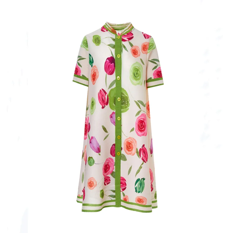 Summer Dress Women 2024 New Fashion Floral Printed Short Sleeved Stretch Miyake Pleated Loose Shirt Dresses