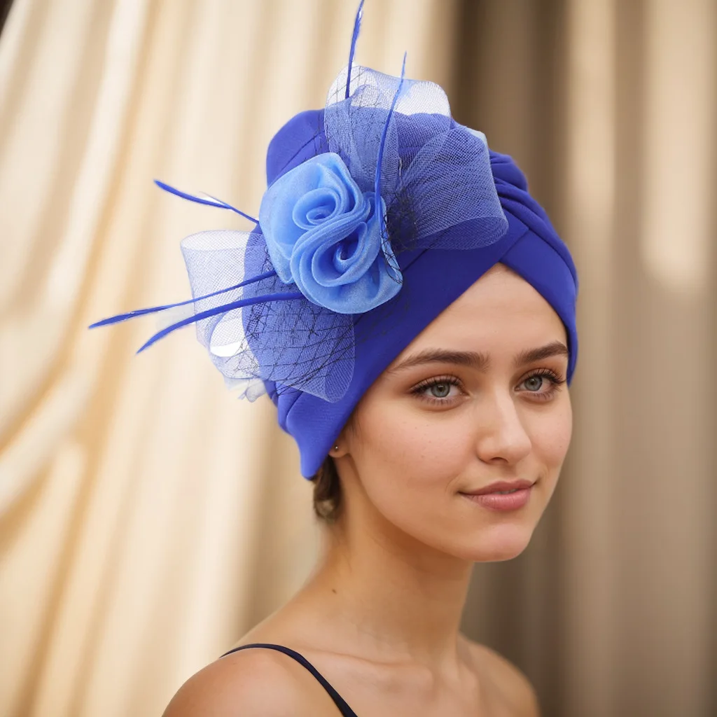 2024 Lastest Feather Flower Turban Bonnet for Women Muslim Headscarf Caps Wedding Party Headwear Turbante Mujer African Headtie