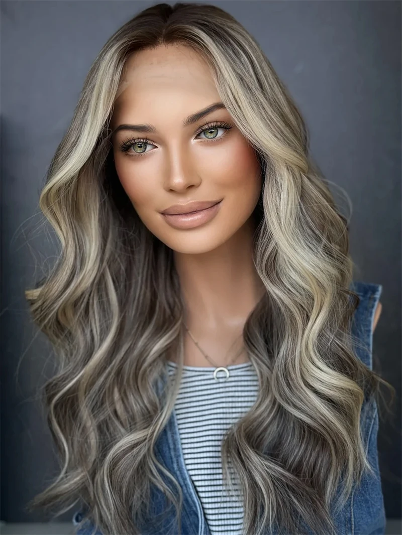 Good Quality Wig Ombre Ash Blonde Brown Synthetic HD Lace Front Wig for Women Heat Resistant Fiber Glueless Preplucked Hairline