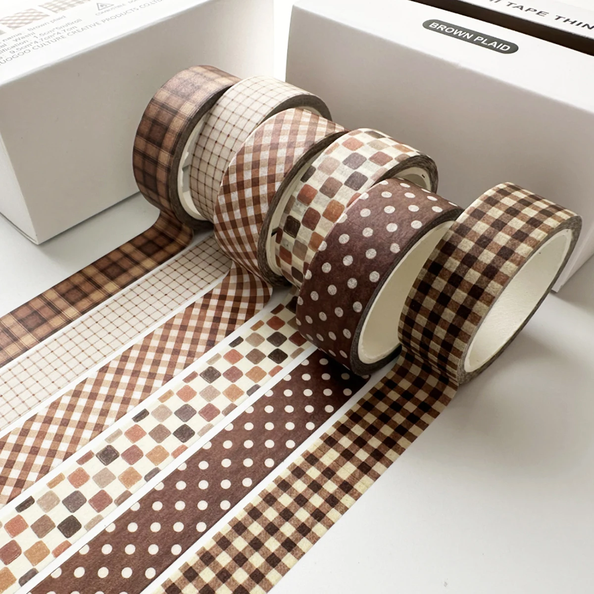 Kariertes Washi-Tape-Set, 6 Rollen, ästhetische dekorative Klebebänder mit Gittermuster und Punkten für Tagebuch, Scrapbooking, DIY-Bastelarbeiten und Planer