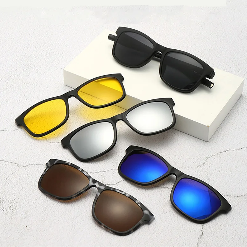 5+1 Clips Polarized Night Vision Magnetic Reading Glasses Square Frame Driver Sunglasses with Neck Strap for Outdoor Use