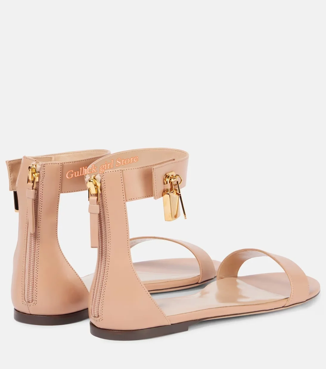 Padlock Leather Sandals Flat With Round Toe Ankle Strap Nude Leather One Word Strap Fahion 2025 Summer Women Dress Shoes