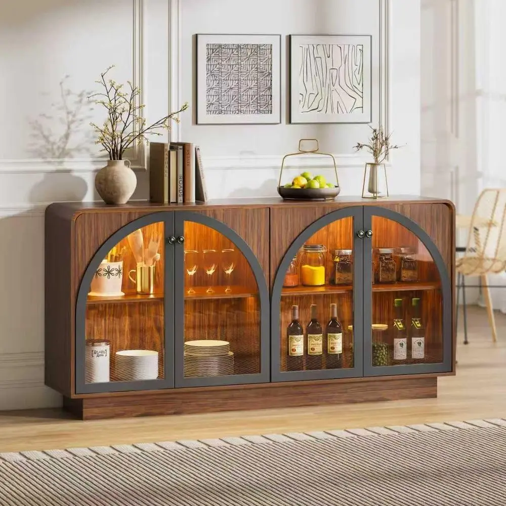 

Large 68 Storage Sideboard with Arched Glass, LED-lit Liquor Coffee Bar Cabinet for Buffet or Hallway