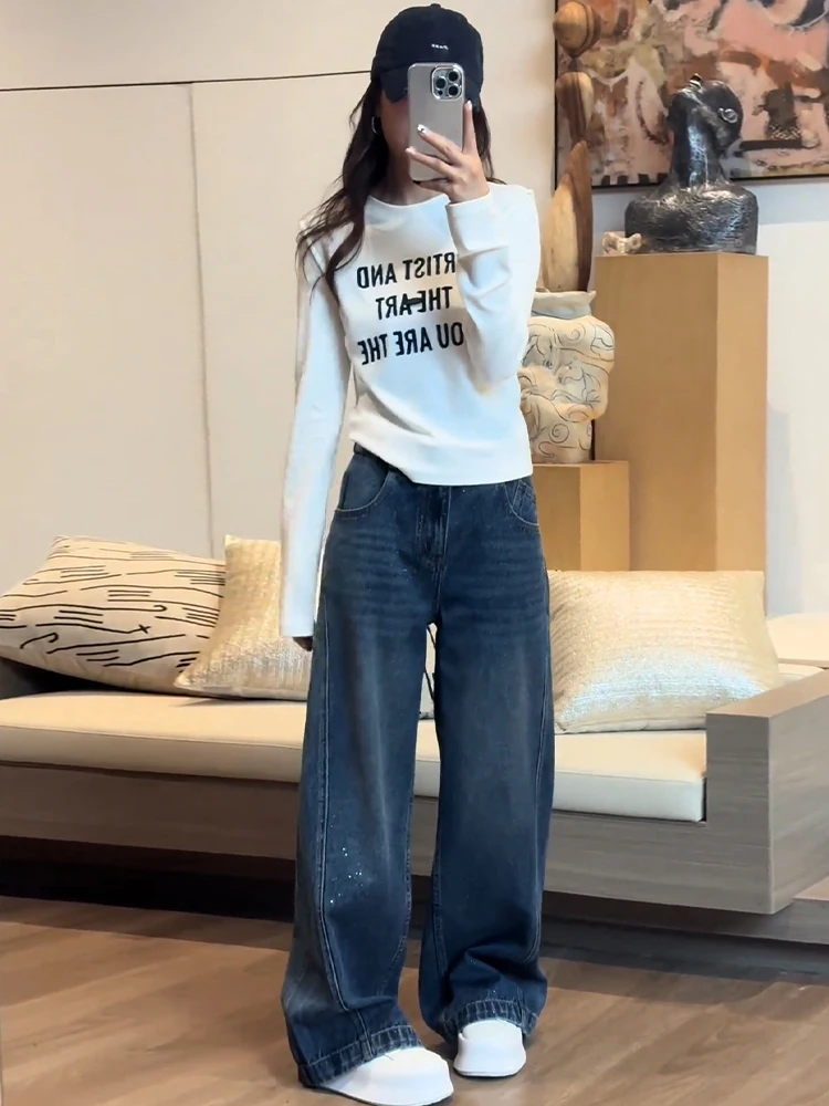 

American Retro Letter Print Long Sve T-irt Women's Faion Autumn New Sle Beautiful Small Top Commute Sle Loose Fit