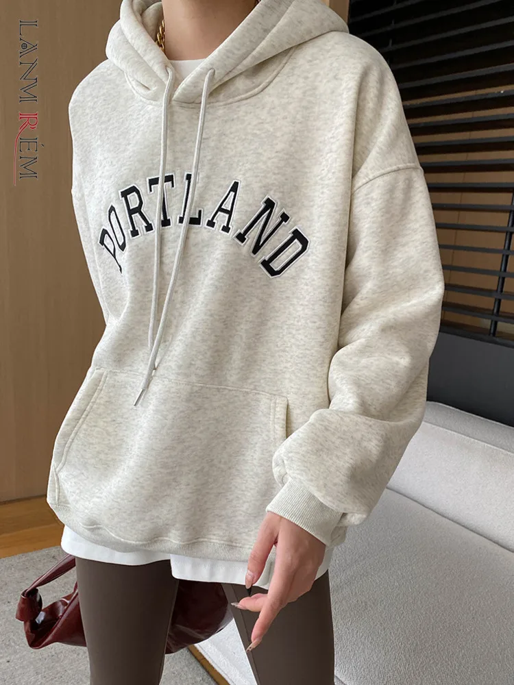 

[LANMREM] Thick Warm Hoodies Women's Hooded Long Sleeves Block Color Thicked Minimalism Pullover Female 2024 Winter New 25Z1783
