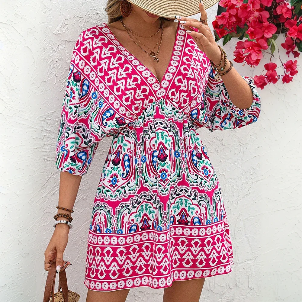 夏のレディースカジュアルビーチホリデープルオーバーサンドレス、女性用ボヘミアン風花柄Vネックランタン袖バックレスミニドレス