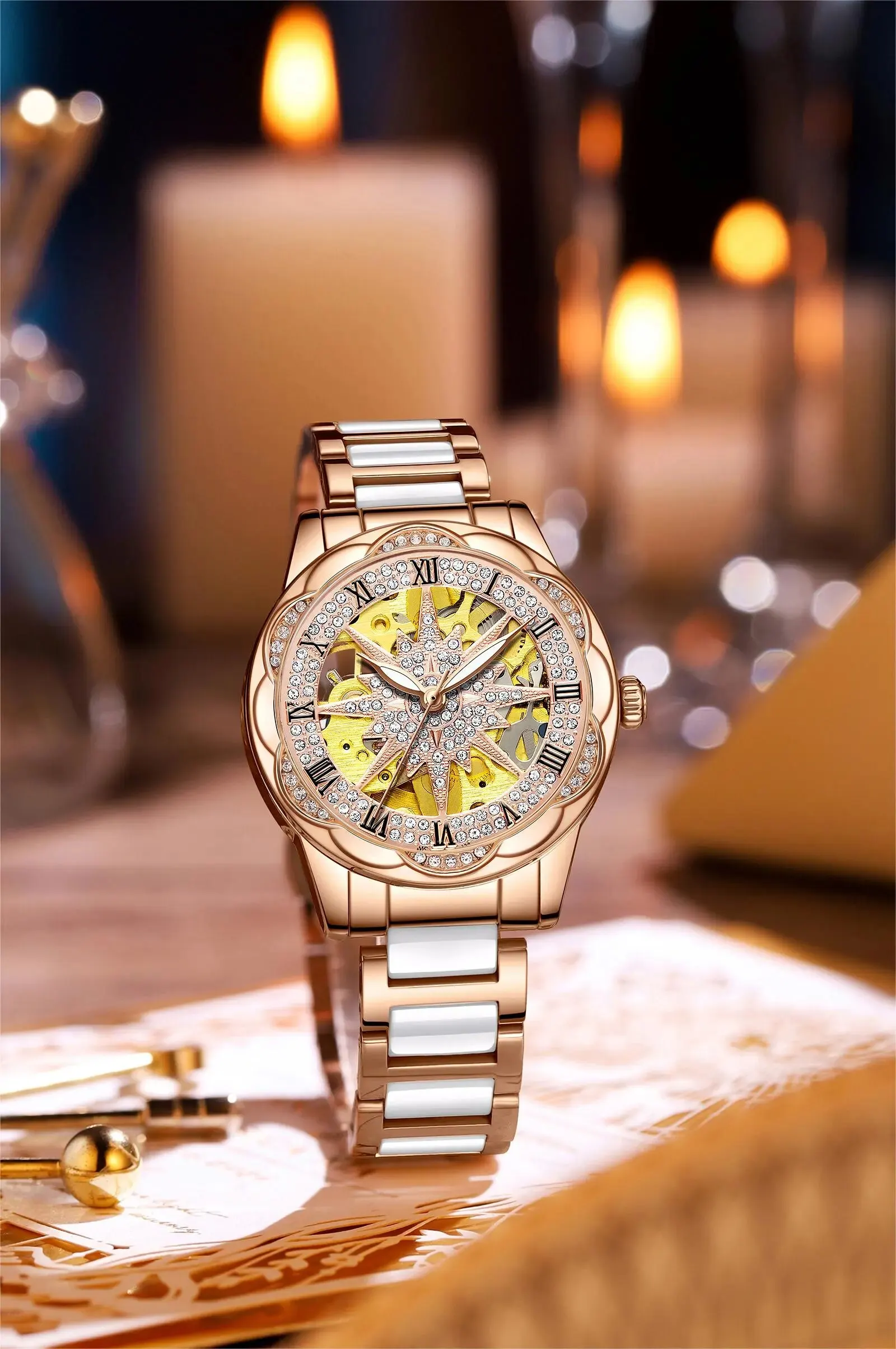 KUERST Lady\'s Ceramic Double Press Butterfly Buckle Mechanical Watch Waterproof Luminous Hollowed out Roman Star Watch