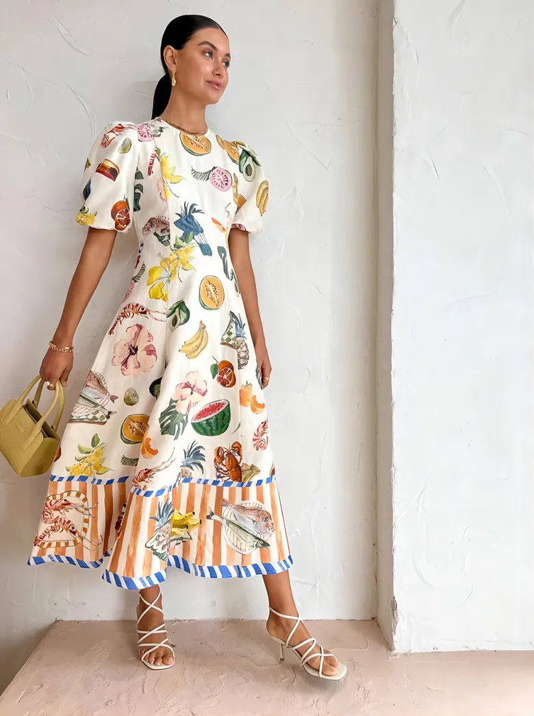 Short Sleeve Fashion Vintage Print Maxi Dress Casual Summer Round Neck Puff Sleeve Loose Women Long Dress Slim Fit Elegant Robe