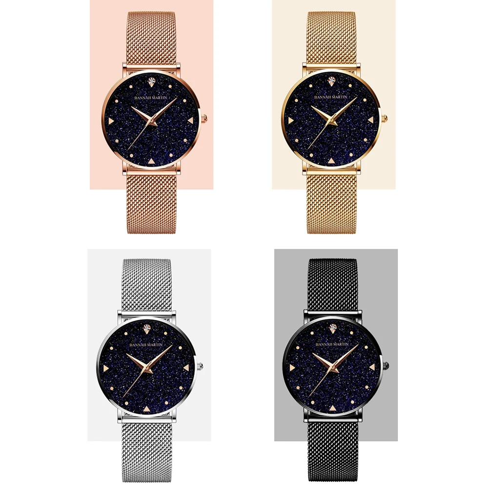 HANNAH MARTIN-Reloj de lujo con diamantes de imitación para mujer, esfera de cielo estrellado, correa de acero inoxidable, resistente al agua, pareja