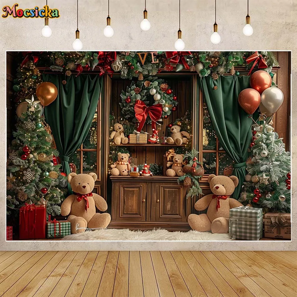 Mocsicka fondo de Navidad para fotografía, guirnalda de gabinete de madera, árbol de Navidad, oso, caja de regalo, fondos de fotos para bebés y niños, sesión fotográfica