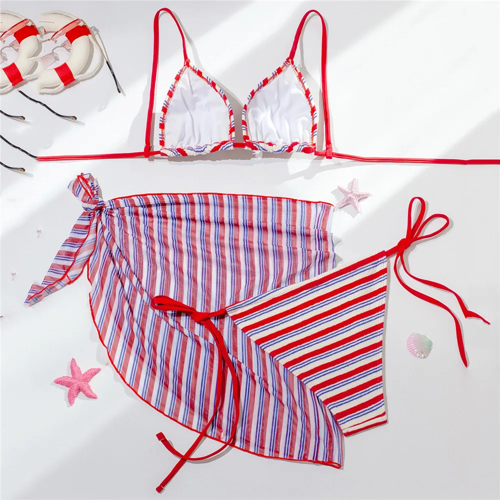 Rouge rayé imprimé Triangle Bikinis ensembles 3 pièces maille couverture Ups vacances maillots de bain Micro string Sexy maillot de bain femmes 2026 Biquinis
