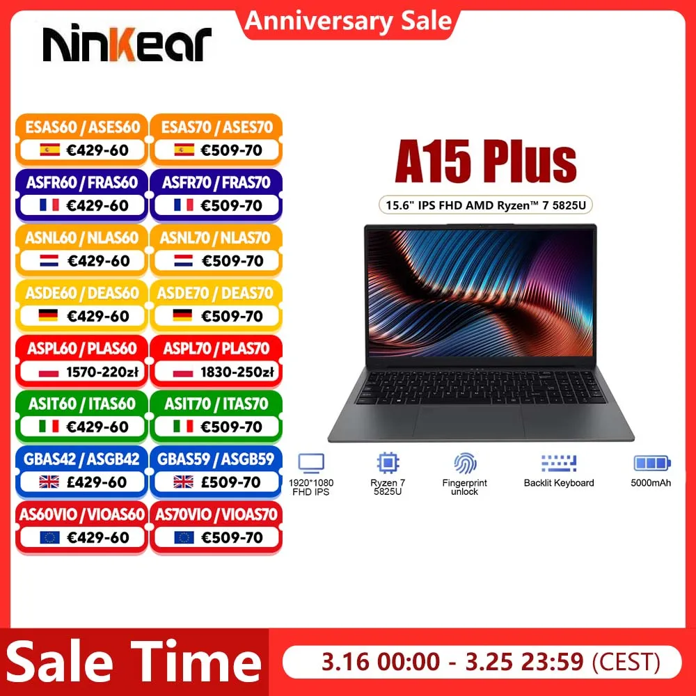 Laptop Ninkear A15 Plus AMD Ryzen ™   7 5825U 15,6-calowy laptop IPS FHD 16 GB DDR4 1 TB SSD Windows 11 Wifi 6 Laptop do gier