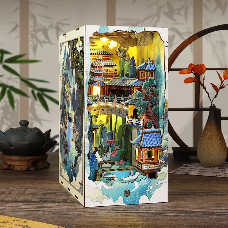 Chinese Ancient Style DIY Book Nook Shelf Insert Kit with LED Light 3D Wooden Puzzle Miniature Building Model Bookshelf Home