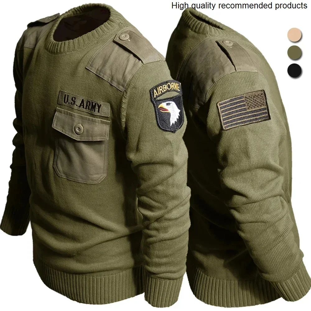 Airborne Sweater Men Vintage Casual Tactical Knitted Pullover Round Neck 100% Cotton Knitwear US Air Force Patch Winter Jersey