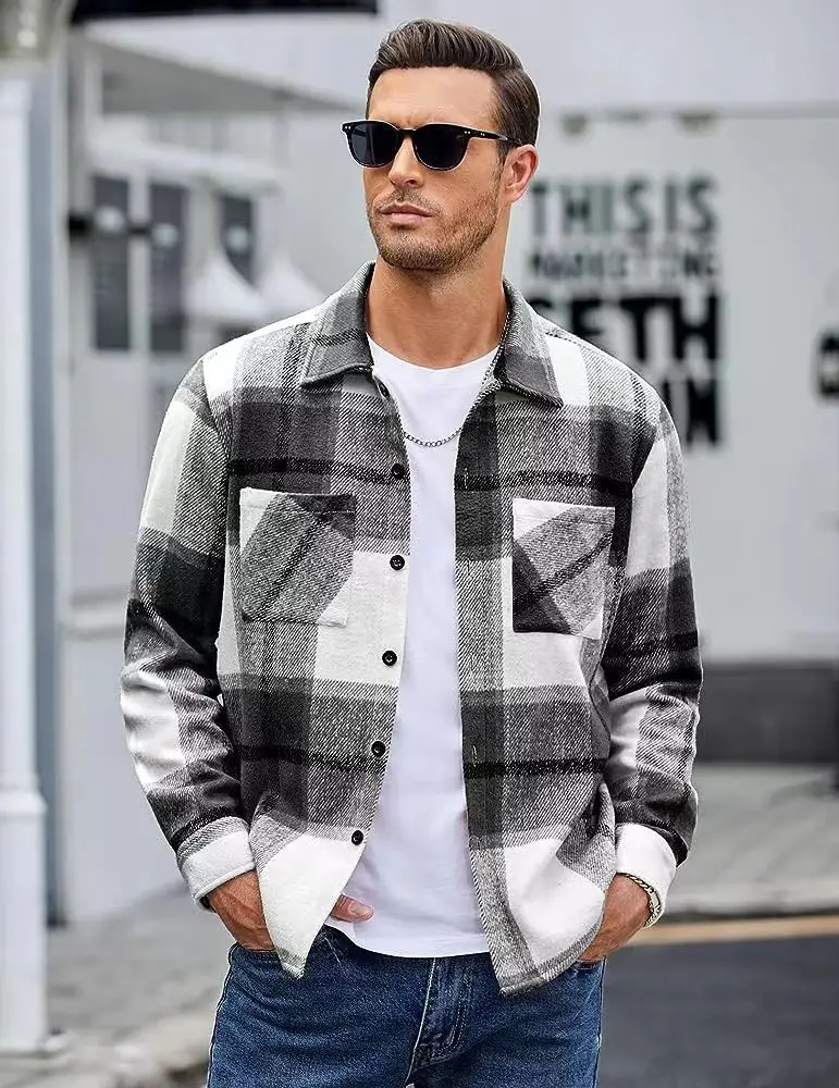 Autumn Winter Men\'s Plush Warm Plaid Thickened Shirt Jacket Coat Elegant Long Sleeve Shirts For Men