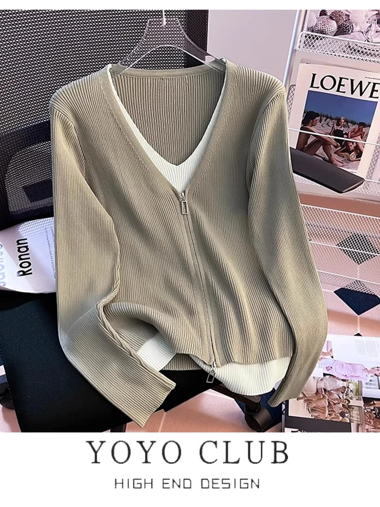 

Loose Knitted Base irt Women's Autumn Winter plus Size Conceal Meat Slimming Design False Two-Piece Sweater V-Ne Long Sve