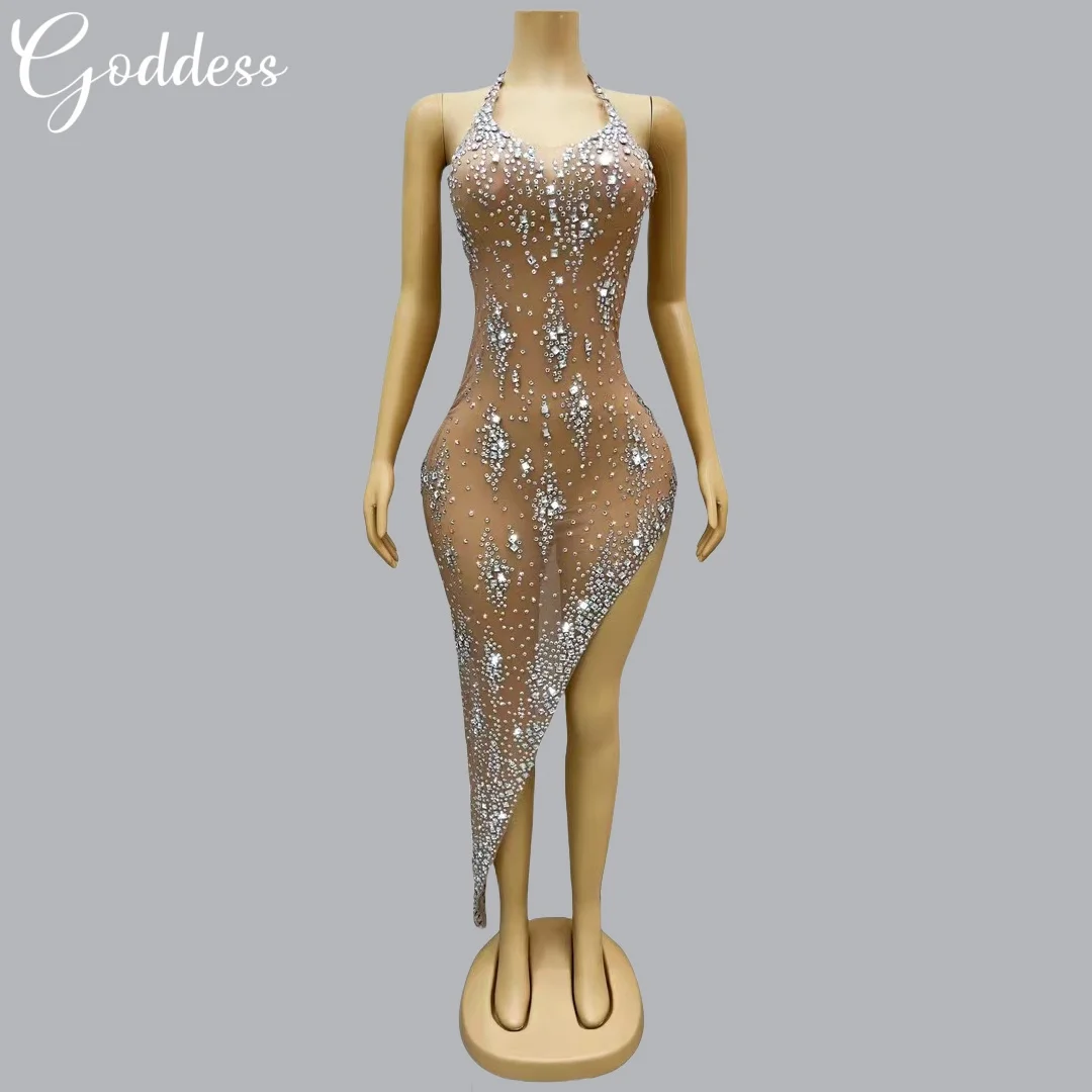 

Sparkly Rhinestones Dress Women Sexy See Through Sleeveless Evening Dress Birthday Party Dress Photo Shoot Performance Costume