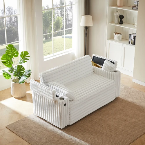！@Modern White Sectional Loveseat Sleeper Sofa with Storage Armrest & USB Port Engineered Wood Frame Sofa Bed